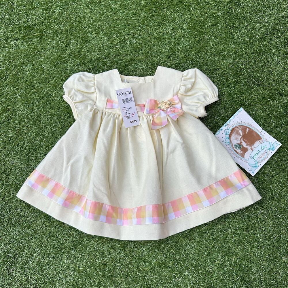 NWT Vintage Jessica Ann Dress Infant‎ Girls Size 12M Yellow Plaid Bow Flower